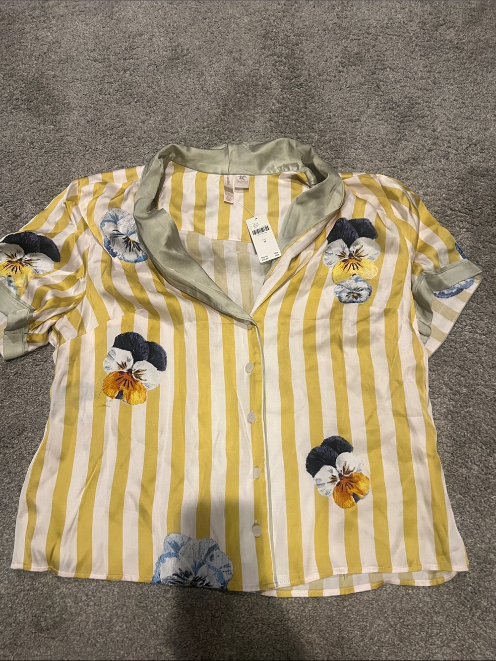Anthropologie Yellow & White Striped Floral Pansy Button-Down Shirt